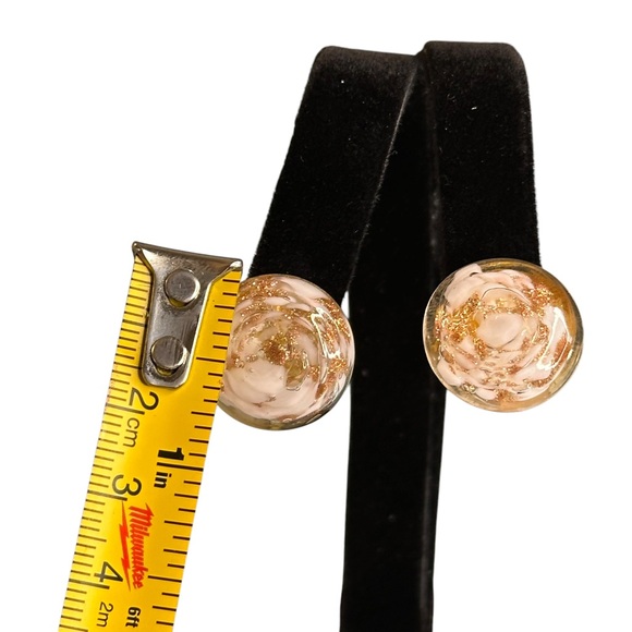 Vintage Art Glass White Rose Gold Swirl Button Clip Earrings - Picture 4 of 4